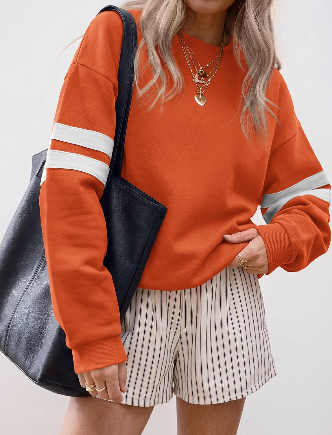 image:imageBTFBM Womens Oversized Sweatshirt Varsity Striped Tops Casual Long Sleeve Crewneck Drop Shoulder Knit Pullover SweatshirtsRetro SportyWorkSchoolHoliday2026 Fall WinterOrange