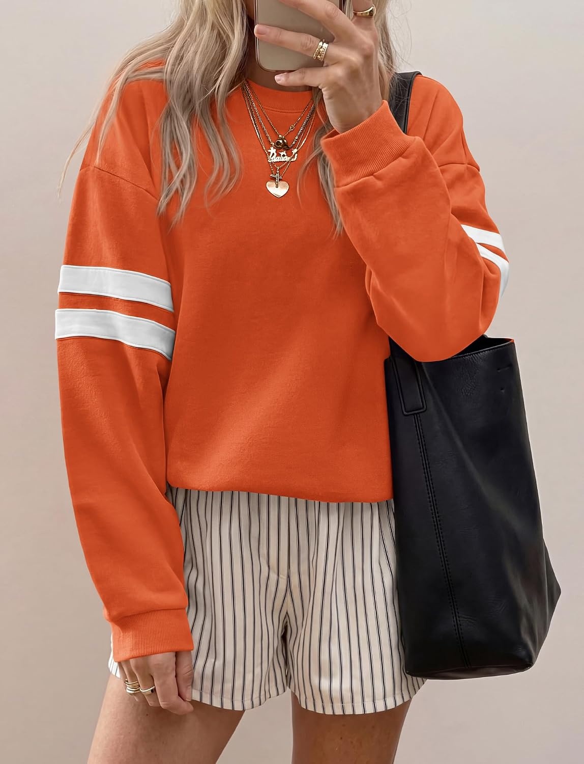 image:imageBTFBM Womens Oversized Sweatshirt Varsity Striped Tops Casual Long Sleeve Crewneck Drop Shoulder Knit Pullover SweatshirtsRetro SportyWorkSchoolHoliday2026 Fall WinterOrange