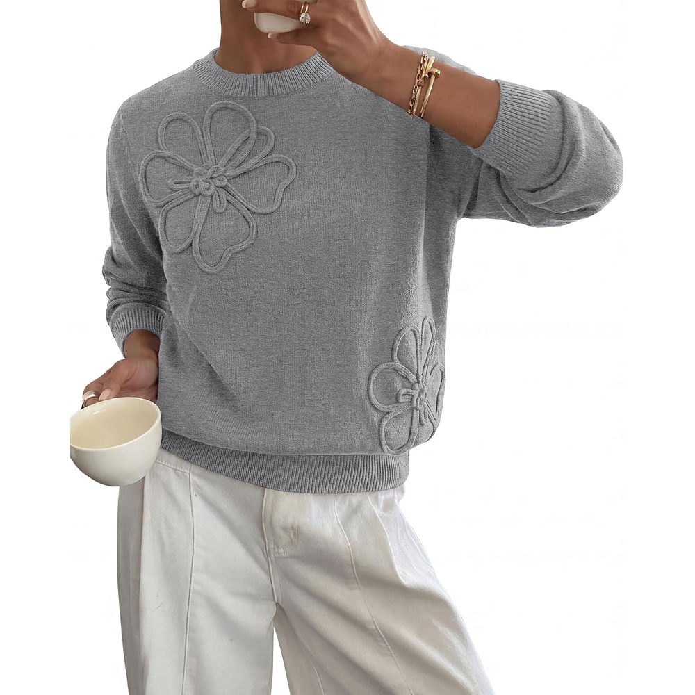 image:imageBTFBM Fall Long Sleeve Sweaters for Women Trendy Lightweight Knit Sweater Cute 3D Flower Embroidery Crew Neck TopsBusiness CasualHoliday2026 Winter ClothesGrey