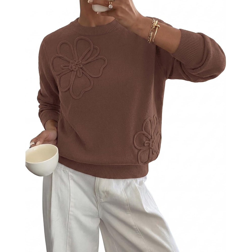 image:imageBTFBM Fall Long Sleeve Sweaters for Women Trendy  Lightweight Knit Sweater Cute 3D Flower Embroidery Crew Neck TopsBusiness CasualHoliday2026 Winter ClothesBrown