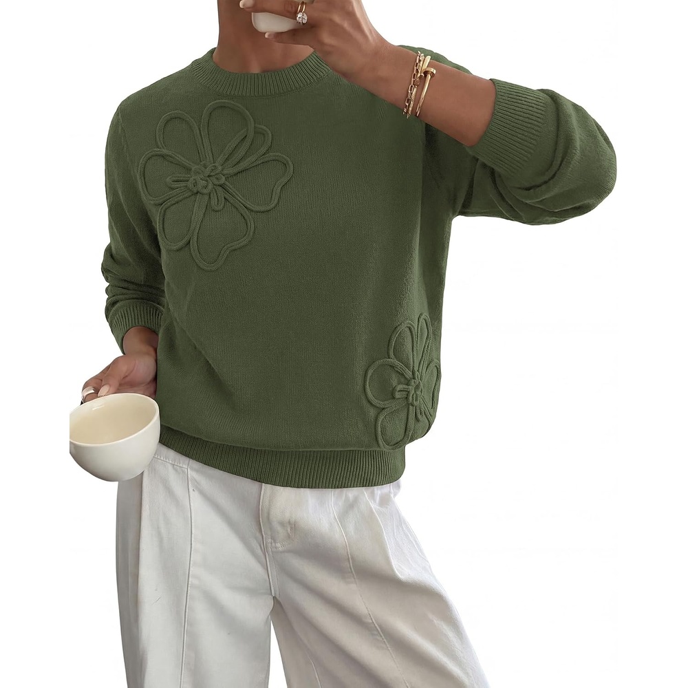 image:imageBTFBM Fall Long Sleeve Sweaters for Women Trendy  Lightweight Knit Sweater Cute 3D Flower Embroidery Crew Neck TopsBusiness CasualHoliday2026 Winter ClothesArmy Green