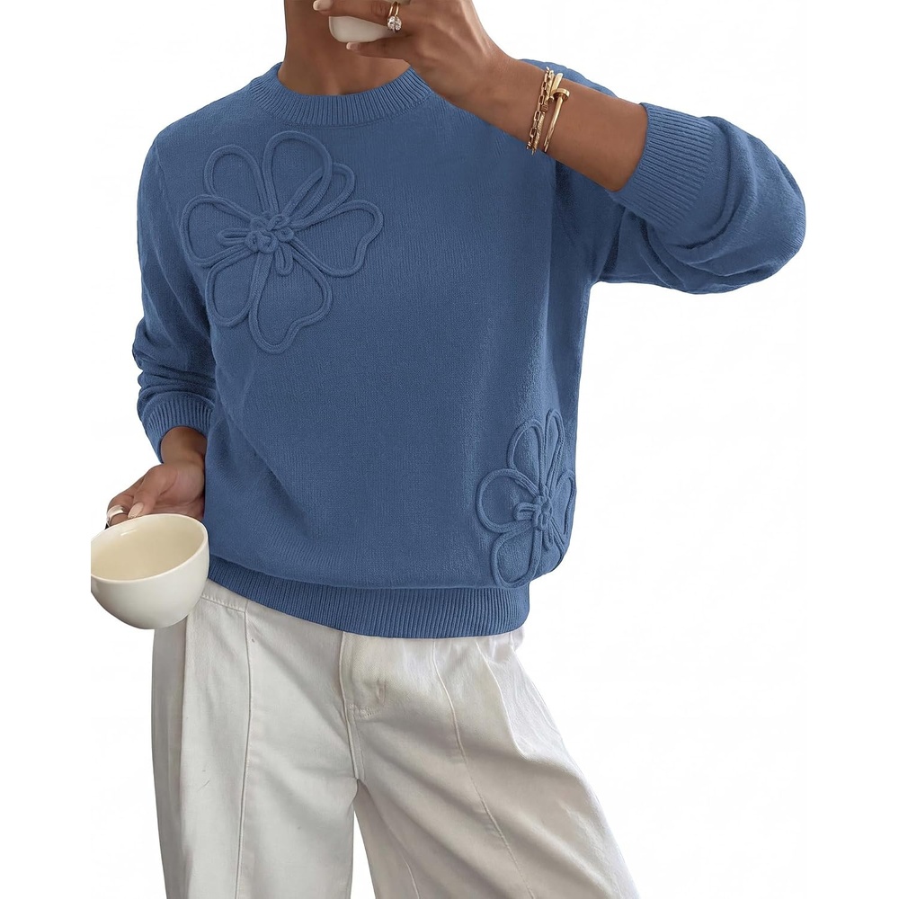 image:imageBTFBM Fall Long Sleeve Sweaters for Women Trendy  Lightweight Knit Sweater Cute 3D Flower Embroidery Crew Neck TopsBusiness CasualHoliday2026 Winter ClothesDark Blue