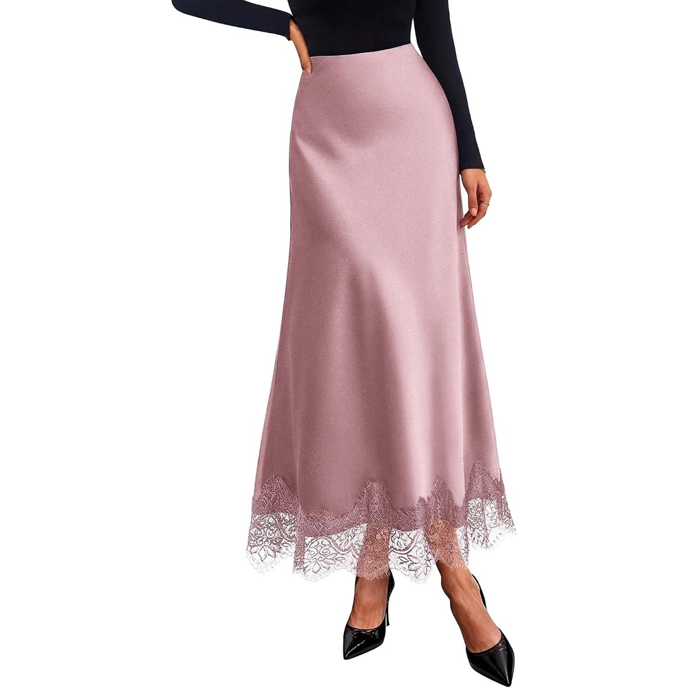 image:imageBTFBM Lace Trim Satin Skirts for Women Elegant Lightweight High Waist ALine Flowy Maxi Skirt Wedding Cocktail Graduation Holiday Outfits Fall Fashion Clothing 2026Pink