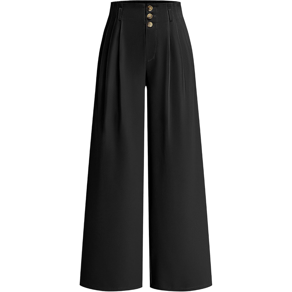 image:imageBTFBM Wide Leg Dress Pants Women Business Casual Outfits Elastic High Waisted Palazzo Pants Button Zip Up Closure Pleated Office Work Trousers With Pockets Fall Fashion 2026Black