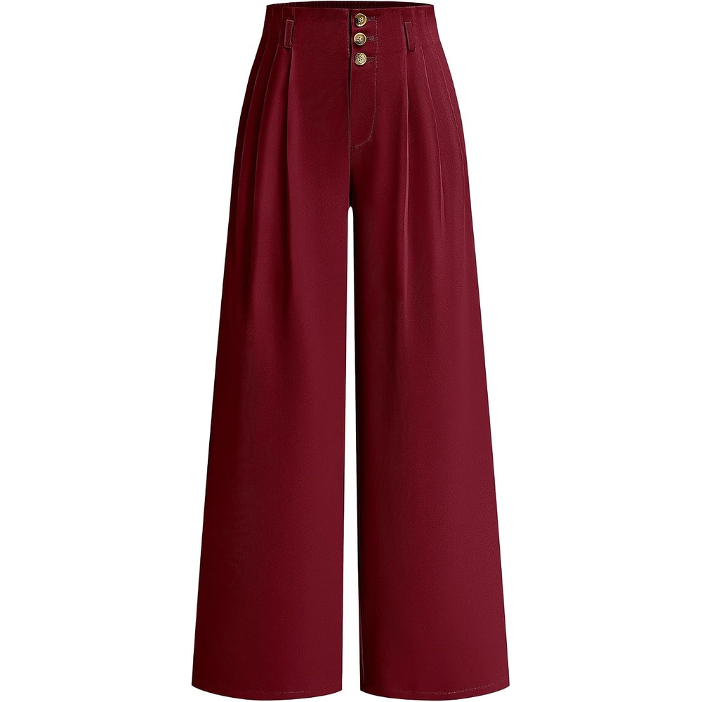 image:imageBTFBM Wide Leg Dress Pants Women Business Casual Outfits Elastic High Waisted Palazzo Pants Button Zip Up Closure Pleated Office Work Trousers With Pockets Fall Fashion 2026Burgundy