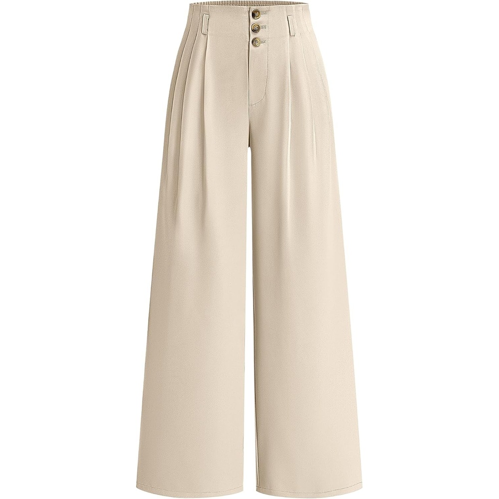 image:imageBTFBM Wide Leg Dress Pants Women Business Casual Outfits Elastic High Waisted Palazzo Pants Button Zip Up Closure Pleated Office Work Trousers With Pockets Fall Fashion 2026Beige
