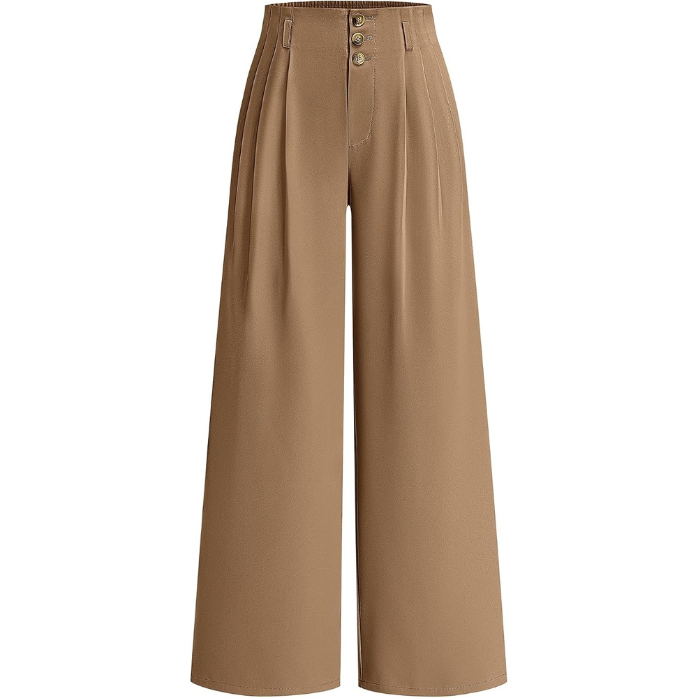 image:imageBTFBM Wide Leg Dress Pants Women Business Casual Outfits  Elastic High Waisted Palazzo Pants Button Zip Up Closure Pleated Office Work Trousers With Pockets Fall Fashion 2026Khaki