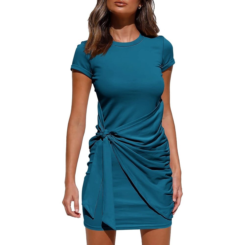 image:imageBTFBM Women 2026 Summer Casual Short Sleeve Ruched Bodycon Tank T Shirt Dress Tie Waist Sun Beach Spring Mini DressesShort Sleeve Blue