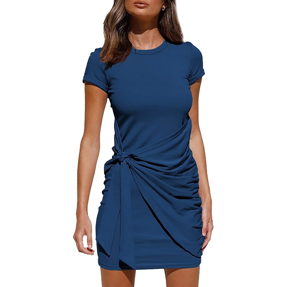 image:imageBTFBM Women 2026 Summer Casual Short Sleeve Ruched Bodycon Tank T Shirt Dress Tie Waist Sun Beach Spring Mini DressesShort Sleeve Dark Blue