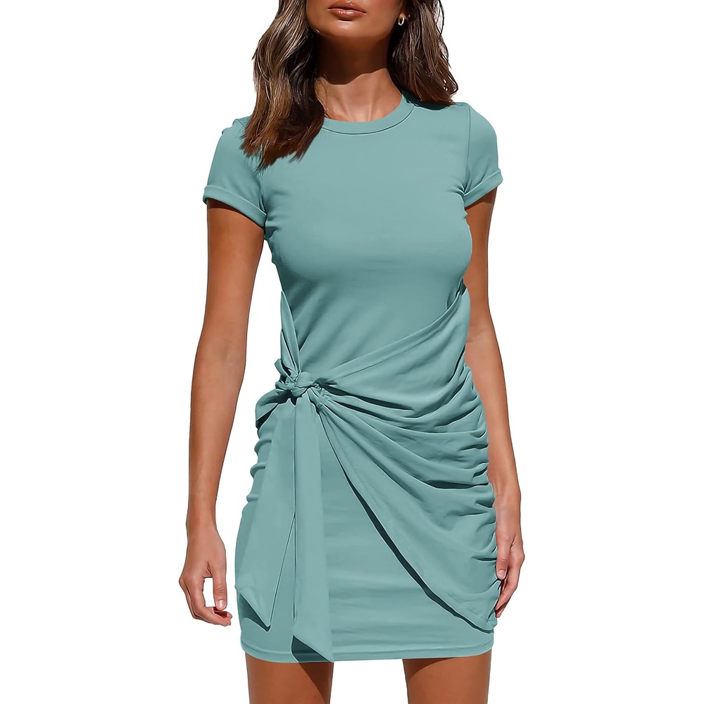 image:imageBTFBM Women 2026 Summer Casual Short Sleeve Ruched Bodycon Tank T Shirt Dress Tie Waist Sun Beach Spring Mini DressesShort Sleeve Light Green