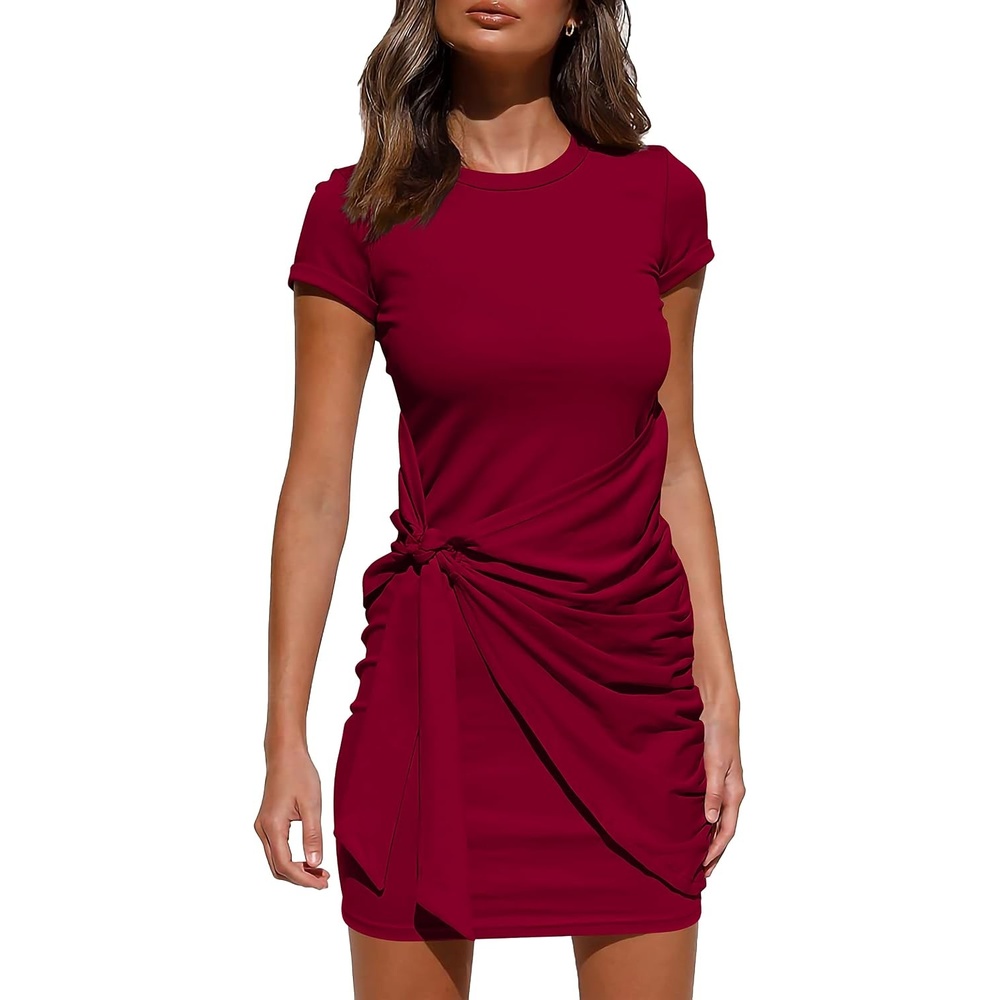 image:imageBTFBM Women 2026 Summer Casual Short Sleeve Ruched Bodycon Tank T Shirt Dress Tie Waist Sun Beach Spring Mini DressesShort Sleeve Wine Red