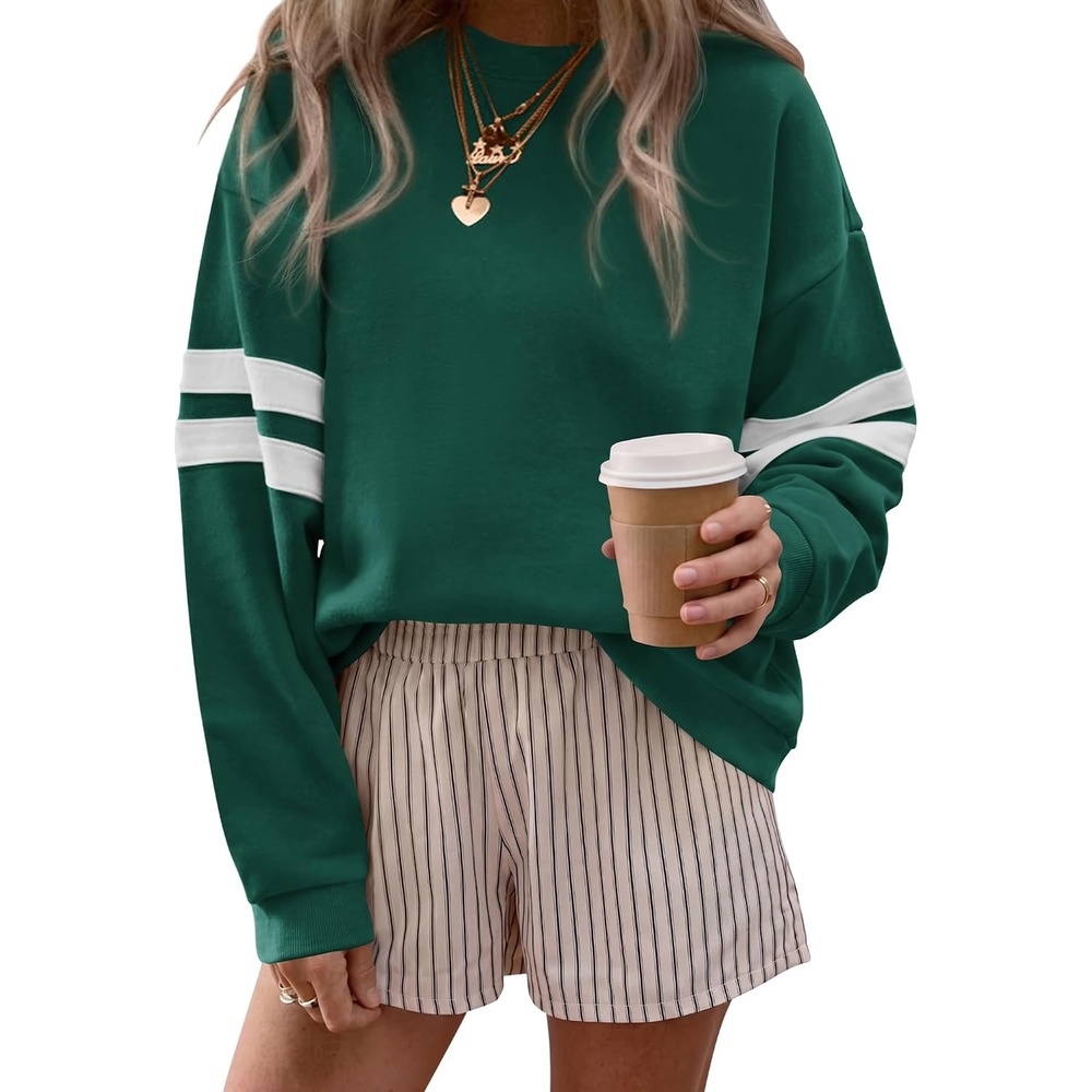 image:imageBTFBM Womens Oversized Sweatshirt Varsity Striped Tops Casual Long Sleeve Crewneck Drop Shoulder Knit Pullover SweatshirtsRetro SportyWorkSchoolHoliday2026 Fall WinterGreen