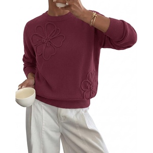 BTFBM Fall Long Sleeve Sweaters for Women Trendy | Lightweight Knit Sweater, Cute 3D Flower Embroidery Crew Neck Tops,Business Casual,Holiday,2026 Winter Clothes(Burgundy)