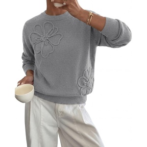 BTFBM Fall Long Sleeve Sweaters for Women Trendy | Lightweight Knit Sweater, Cute 3D Flower Embroidery Crew Neck Tops,Business Casual,Holiday,2026 Winter Clothes(Grey)