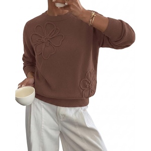 BTFBM Fall Long Sleeve Sweaters for Women Trendy | Lightweight Knit Sweater, Cute 3D Flower Embroidery Crew Neck Tops,Business Casual,Holiday,2026 Winter Clothes(Brown)