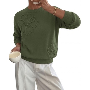 BTFBM Fall Long Sleeve Sweaters for Women Trendy | Lightweight Knit Sweater, Cute 3D Flower Embroidery Crew Neck Tops,Business Casual,Holiday,2026 Winter Clothes(Army Green)