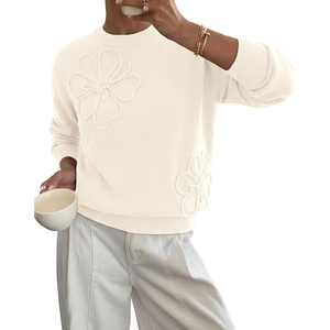 BTFBM Fall Long Sleeve Sweaters for Women Trendy | Lightweight Knit Sweater, Cute 3D Flower Embroidery Crew Neck Tops,Business Casual,Holiday,2026 Winter Clothes(Beige)