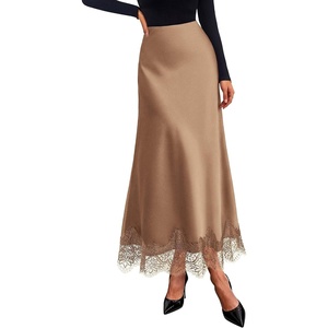 BTFBM Lace Trim Satin Skirts for Women Elegant | Lightweight, High Waist, A-Line, Flowy Maxi Skirt, Wedding, Cocktail, Graduation, Holiday Outfits, Fall Fashion Clothing 2026(Coffee)