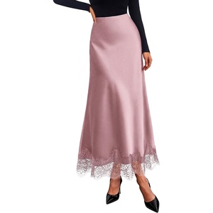 BTFBM Lace Trim Satin Skirts for Women Elegant | Lightweight, High Waist, A-Line, Flowy Maxi Skirt, Wedding, Cocktail, Graduation, Holiday Outfits, Fall Fashion Clothing 2026(Pink)