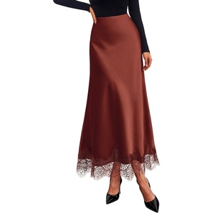 BTFBM Lace Trim Satin Skirts for Women Elegant | Lightweight, High Waist, A-Line, Flowy Maxi Skirt, Wedding, Cocktail, Graduation, Holiday Outfits, Fall Fashion Clothing 2026(Brown)