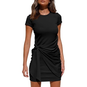 BTFBM Women 2026 Summer Casual Short Sleeve Ruched Bodycon Tank T Shirt Dress Tie Waist Sun Beach Spring Mini Dresses(Short Sleeve Black)