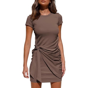 BTFBM Women 2026 Summer Casual Short Sleeve Ruched Bodycon Tank T Shirt Dress Tie Waist Sun Beach Spring Mini Dresses(Short Sleeve Coffee)