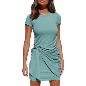 BTFBM Women 2026 Summer Casual Short Sleeve Ruched Bodycon Tank T Shirt Dress Tie Waist Sun Beach Spring Mini Dresses(Short Sleeve Light Green)