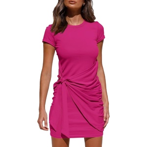 BTFBM Women 2026 Summer Casual Short Sleeve Ruched Bodycon Tank T Shirt Dress Tie Waist Sun Beach Spring Mini Dresses(Short Sleeve Rose Red)
