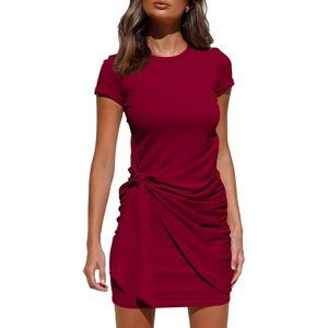 BTFBM Women 2026 Summer Casual Short Sleeve Ruched Bodycon Tank T Shirt Dress Tie Waist Sun Beach Spring Mini Dresses(Short Sleeve Wine Red)