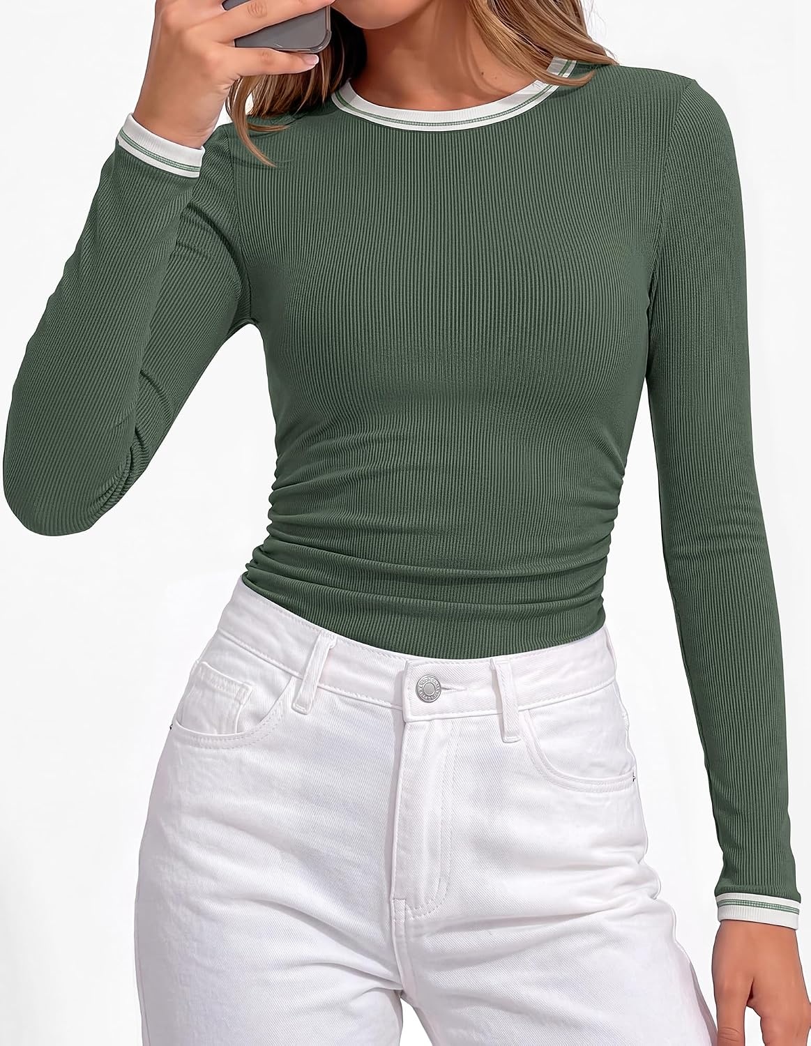 image:imageBTFBM Ribbed Long Sleeve Shirts for Women Fitted Underscrub Contrasting Crew High Neck Ruched Side Y2k Going Out Tops Date Night Outfit Work Top Winter Fall Fashion Clothing 2026Sage Green