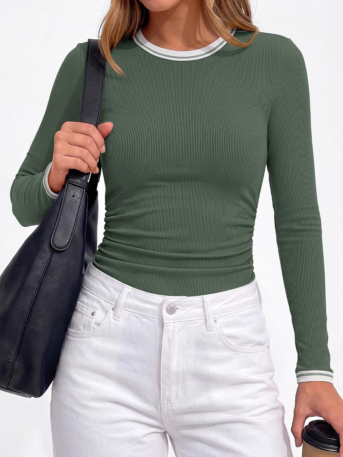 image:imageBTFBM Ribbed Long Sleeve Shirts for Women Fitted Underscrub Contrasting Crew High Neck Ruched Side Y2k Going Out Tops Date Night Outfit Work Top Winter Fall Fashion Clothing 2026Sage Green