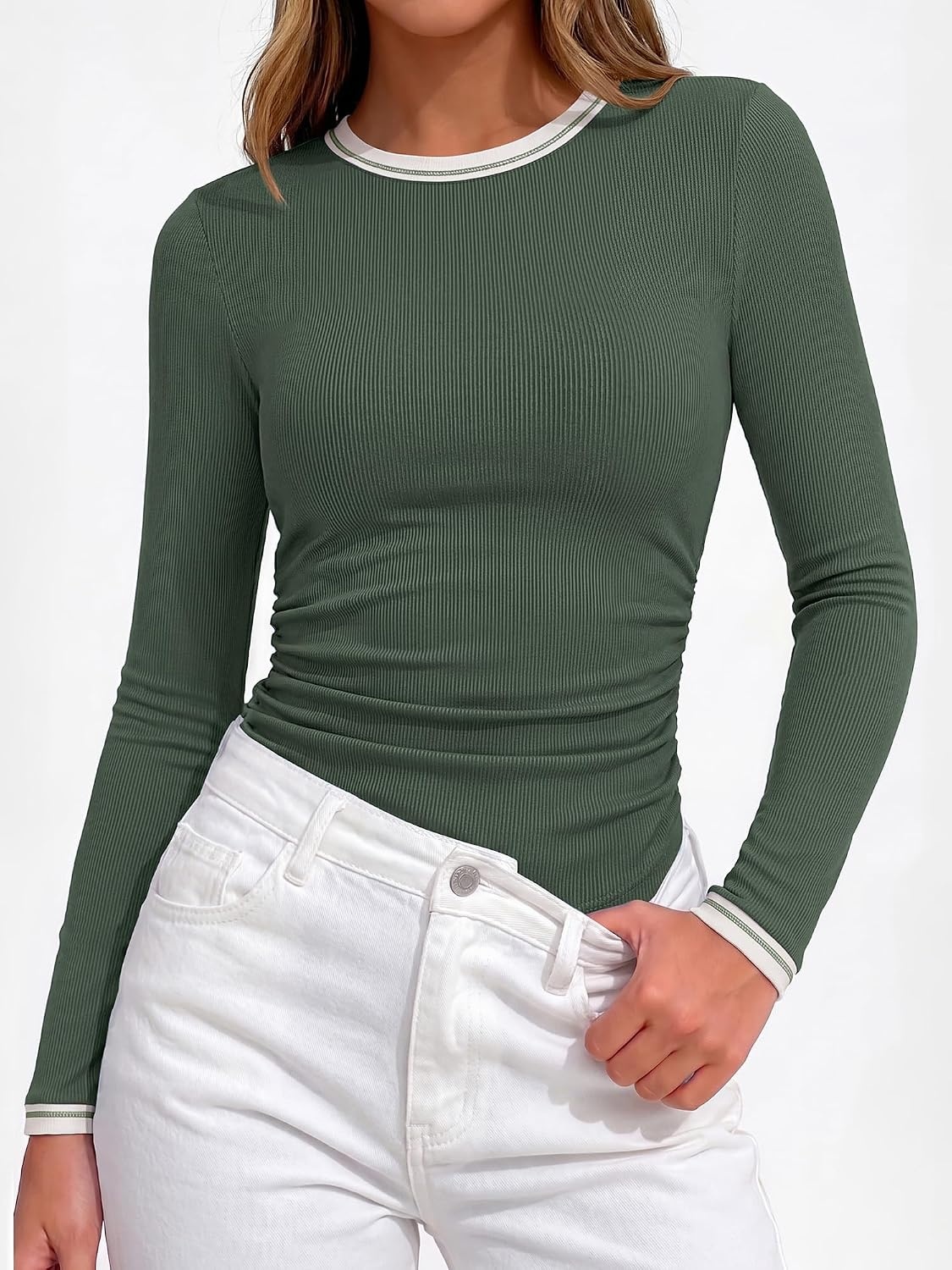 image:imageBTFBM Ribbed Long Sleeve Shirts for Women Fitted Underscrub Contrasting Crew High Neck Ruched Side Y2k Going Out Tops Date Night Outfit Work Top Winter Fall Fashion Clothing 2026Sage Green