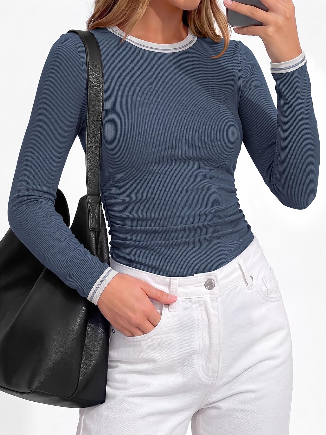 image:imageBTFBM Ribbed Long Sleeve Shirts for Women Fitted Underscrub Contrasting Crew High Neck Ruched Side Y2k Going Out Tops Date Night Outfit Work Top Winter Fall Fashion Clothing 2026Dusty Blue