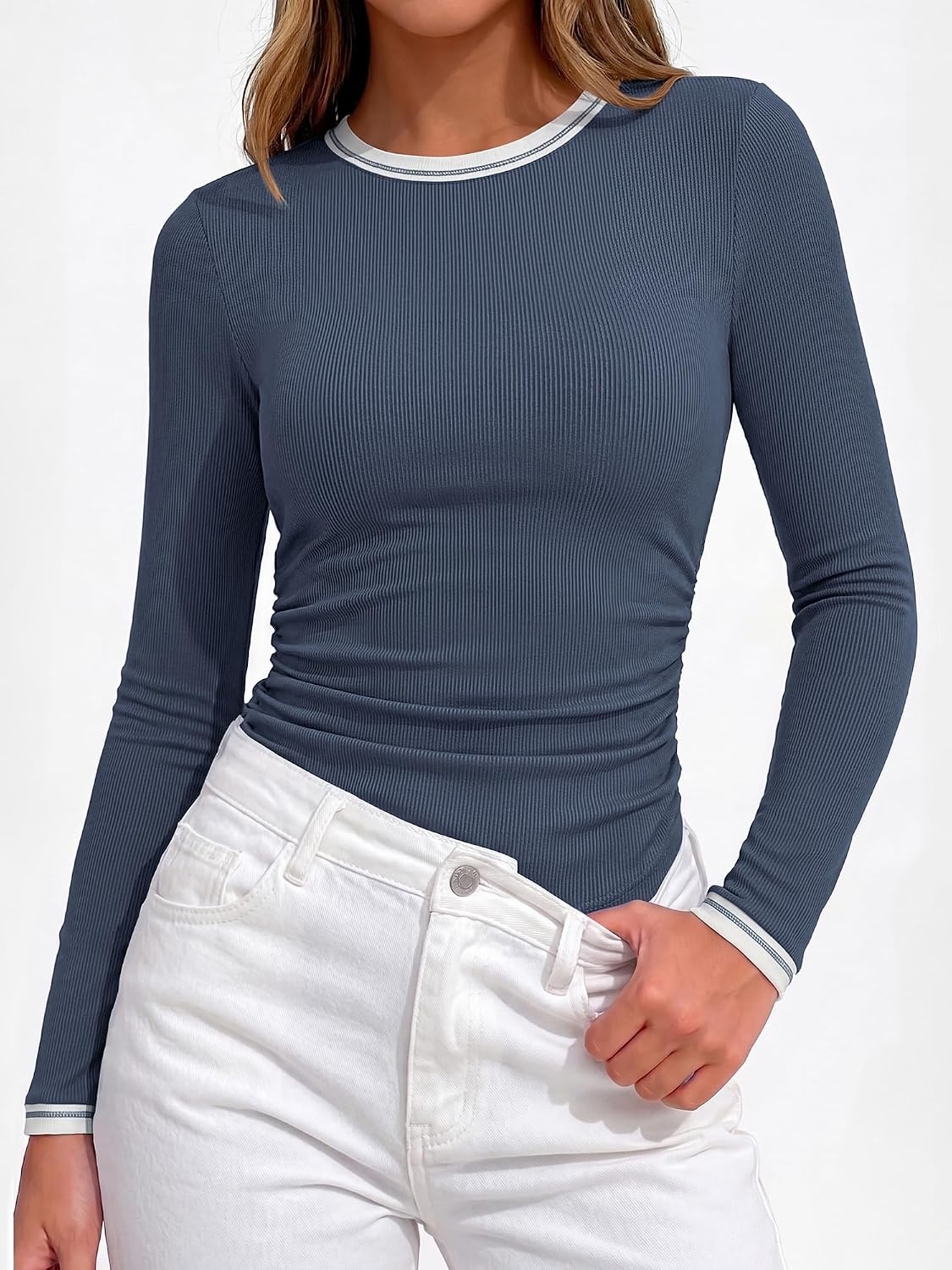 image:imageBTFBM Ribbed Long Sleeve Shirts for Women Fitted Underscrub Contrasting Crew High Neck Ruched Side Y2k Going Out Tops Date Night Outfit Work Top Winter Fall Fashion Clothing 2026Dusty Blue