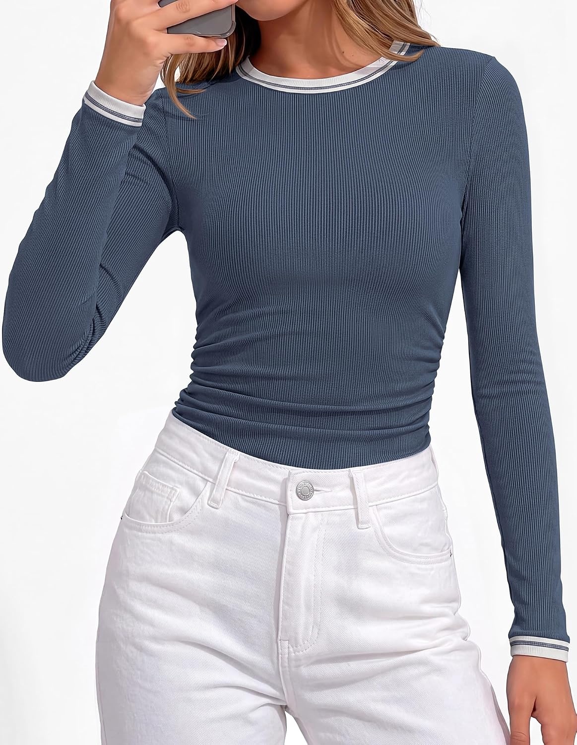 image:imageBTFBM Ribbed Long Sleeve Shirts for Women Fitted Underscrub Contrasting Crew High Neck Ruched Side Y2k Going Out Tops Date Night Outfit Work Top Winter Fall Fashion Clothing 2026Dusty Blue