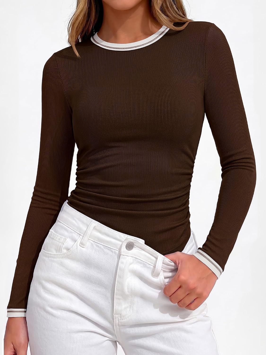 image:imageBTFBM Ribbed Long Sleeve Shirts for Women Fitted Underscrub Contrasting Crew High Neck Ruched Side Y2k Going Out Tops Date Night Outfit Work Top Winter Fall Fashion Clothing 2026Coffee