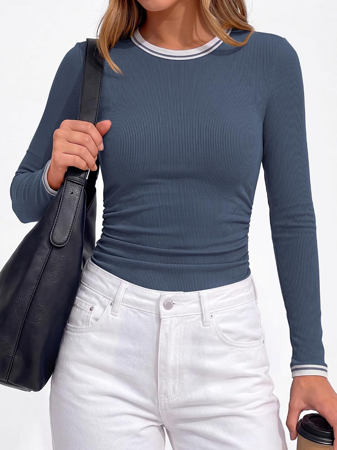 image:imageBTFBM Ribbed Long Sleeve Shirts for Women Fitted Underscrub Contrasting Crew High Neck Ruched Side Y2k Going Out Tops Date Night Outfit Work Top Winter Fall Fashion Clothing 2026Dusty Blue