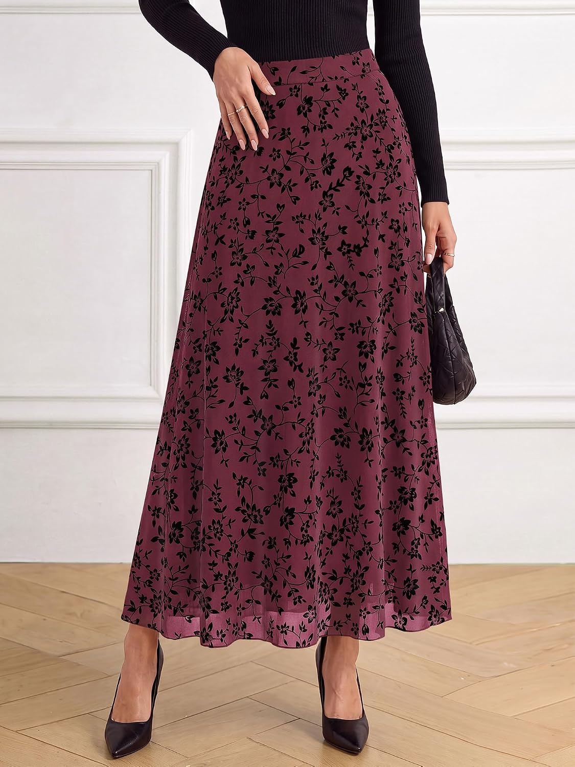 image:imageBTFBM Womens Floral Mesh Maxi Skirts Long Tulle Skirt Flowy A Line High Waist SkirtsVelvetLike FlowersFlocked MeshDoubleLayered SkirtGoing Out OutfitsEarly Fall FashionBurgundy