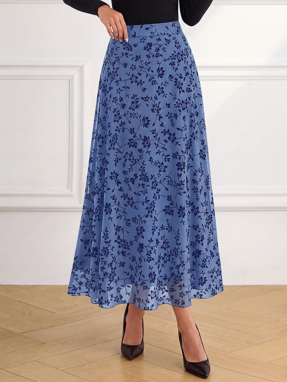 image:imageBTFBM Womens Floral Mesh Maxi Skirts Long Tulle Skirt Flowy A Line High Waist SkirtsVelvetLike FlowersFlocked MeshDoubleLayered SkirtGoing Out OutfitsEarly Fall FashionDusty Blue