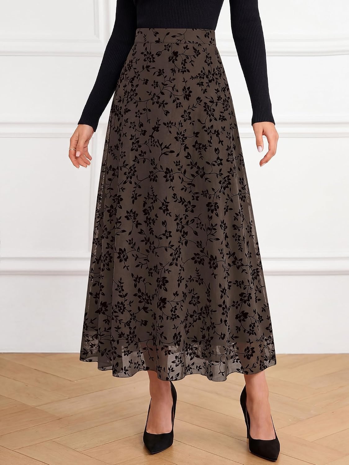 image:imageBTFBM Womens Floral Mesh Maxi Skirts Long Tulle Skirt Flowy A Line High Waist SkirtsVelvetLike FlowersFlocked MeshDoubleLayered SkirtGoing Out OutfitsEarly Fall FashionBrown