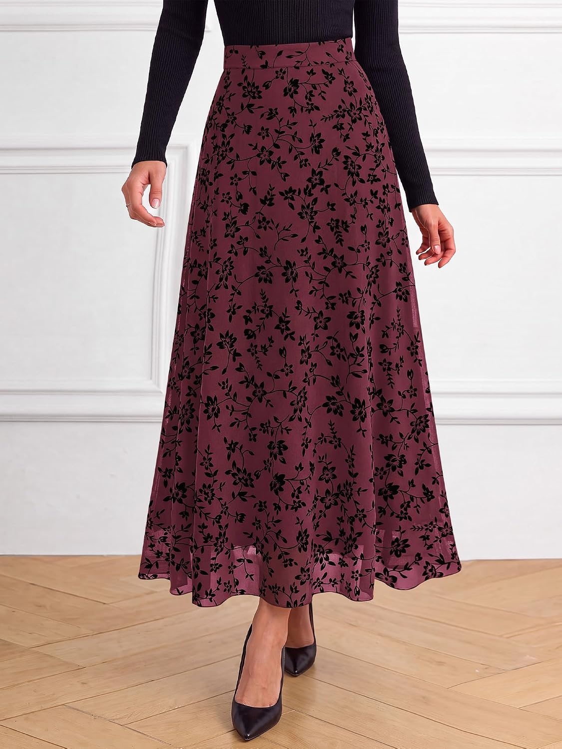 image:imageBTFBM Womens Floral Mesh Maxi Skirts Long Tulle Skirt Flowy A Line High Waist SkirtsVelvetLike FlowersFlocked MeshDoubleLayered SkirtGoing Out OutfitsEarly Fall FashionBurgundy