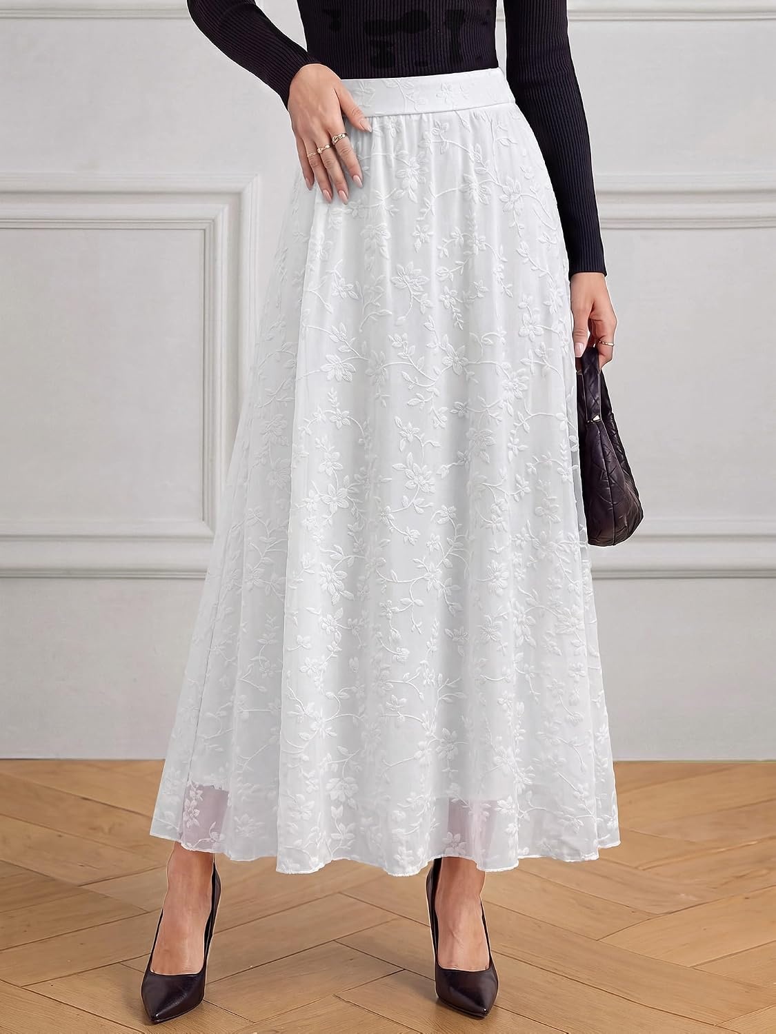image:imageBTFBM Womens Floral Mesh Maxi Skirts Long Tulle Skirt Flowy A Line High Waist SkirtsVelvetLike FlowersFlocked MeshDoubleLayered SkirtGoing Out OutfitsEarly Fall FashionWhite