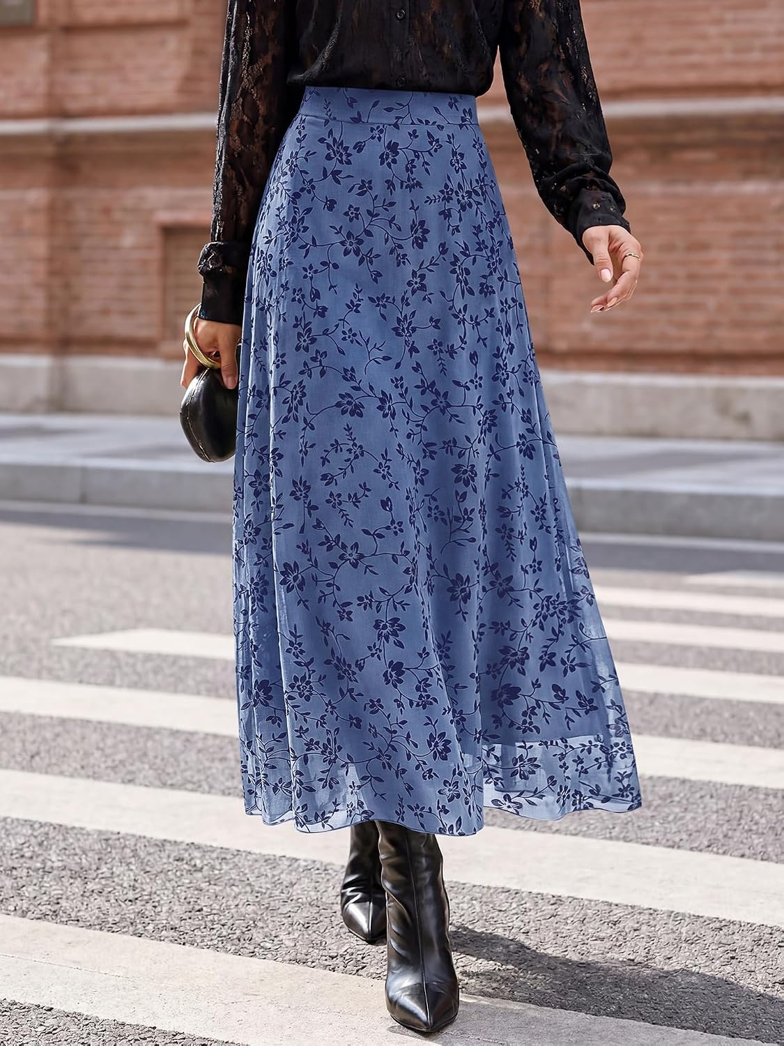 image:imageBTFBM Womens Floral Mesh Maxi Skirts Long Tulle Skirt Flowy A Line High Waist SkirtsVelvetLike FlowersFlocked MeshDoubleLayered SkirtGoing Out OutfitsEarly Fall FashionDusty Blue