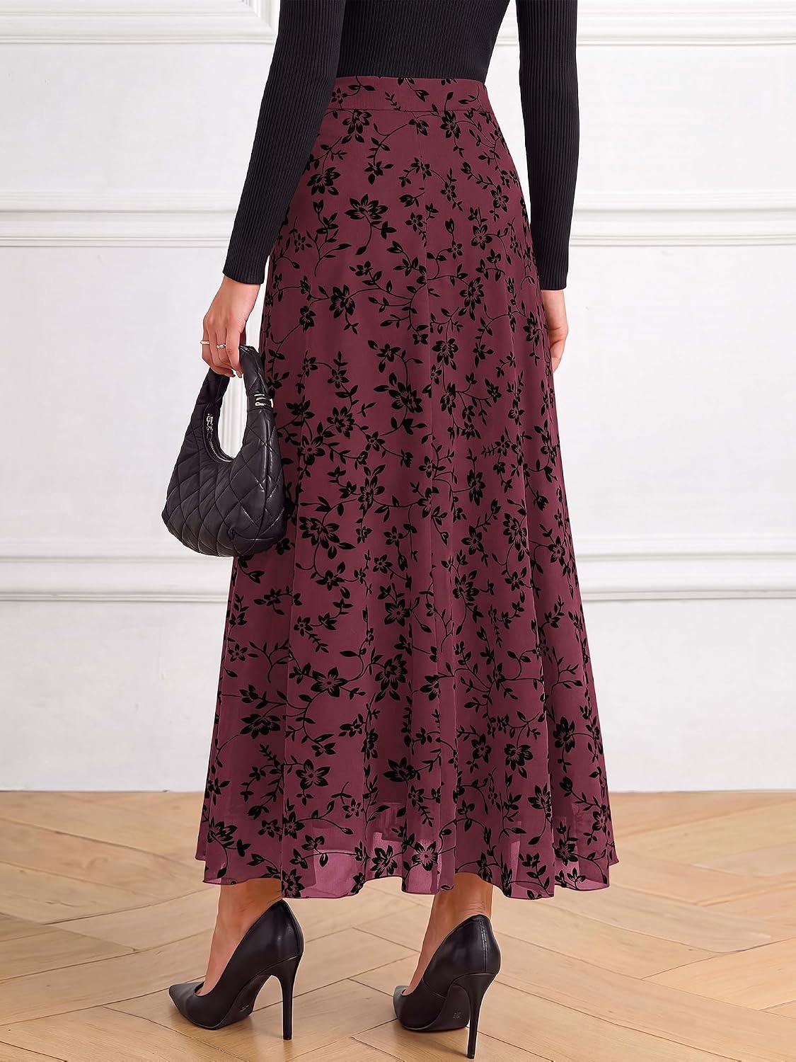image:imageBTFBM Womens Floral Mesh Maxi Skirts Long Tulle Skirt Flowy A Line High Waist SkirtsVelvetLike FlowersFlocked MeshDoubleLayered SkirtGoing Out OutfitsEarly Fall FashionBurgundy