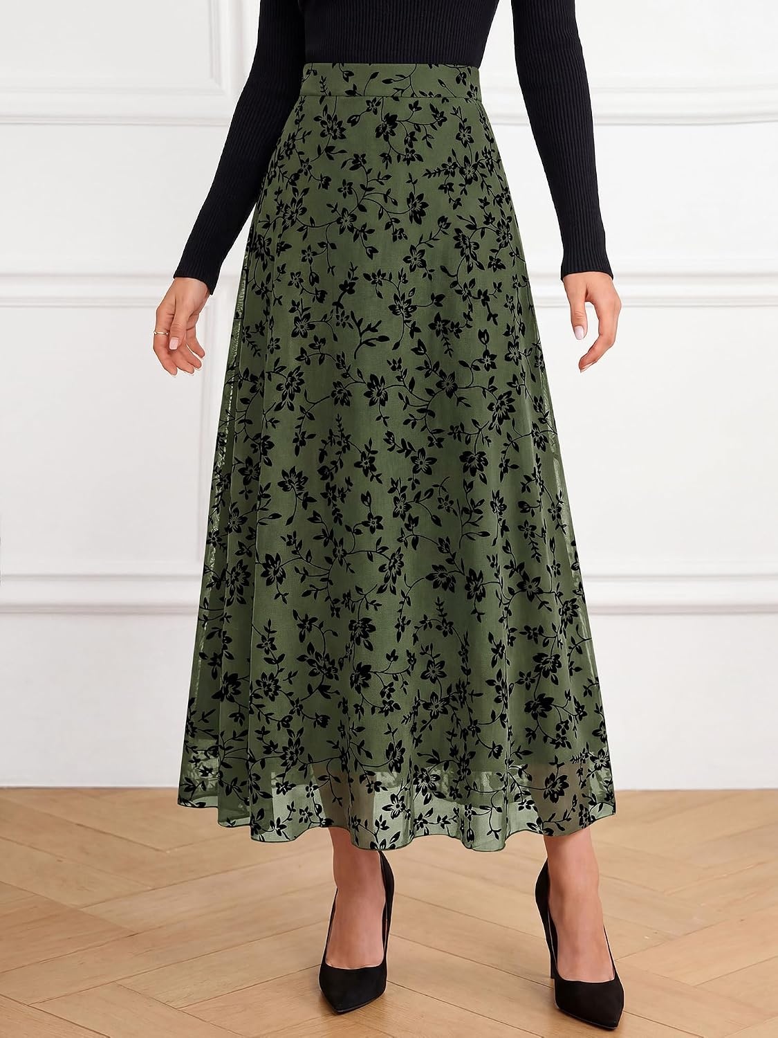 image:imageBTFBM Womens Floral Mesh Maxi Skirts Long Tulle Skirt Flowy A Line High Waist SkirtsVelvetLike FlowersFlocked MeshDoubleLayered SkirtGoing Out OutfitsEarly Fall FashionArmy Green