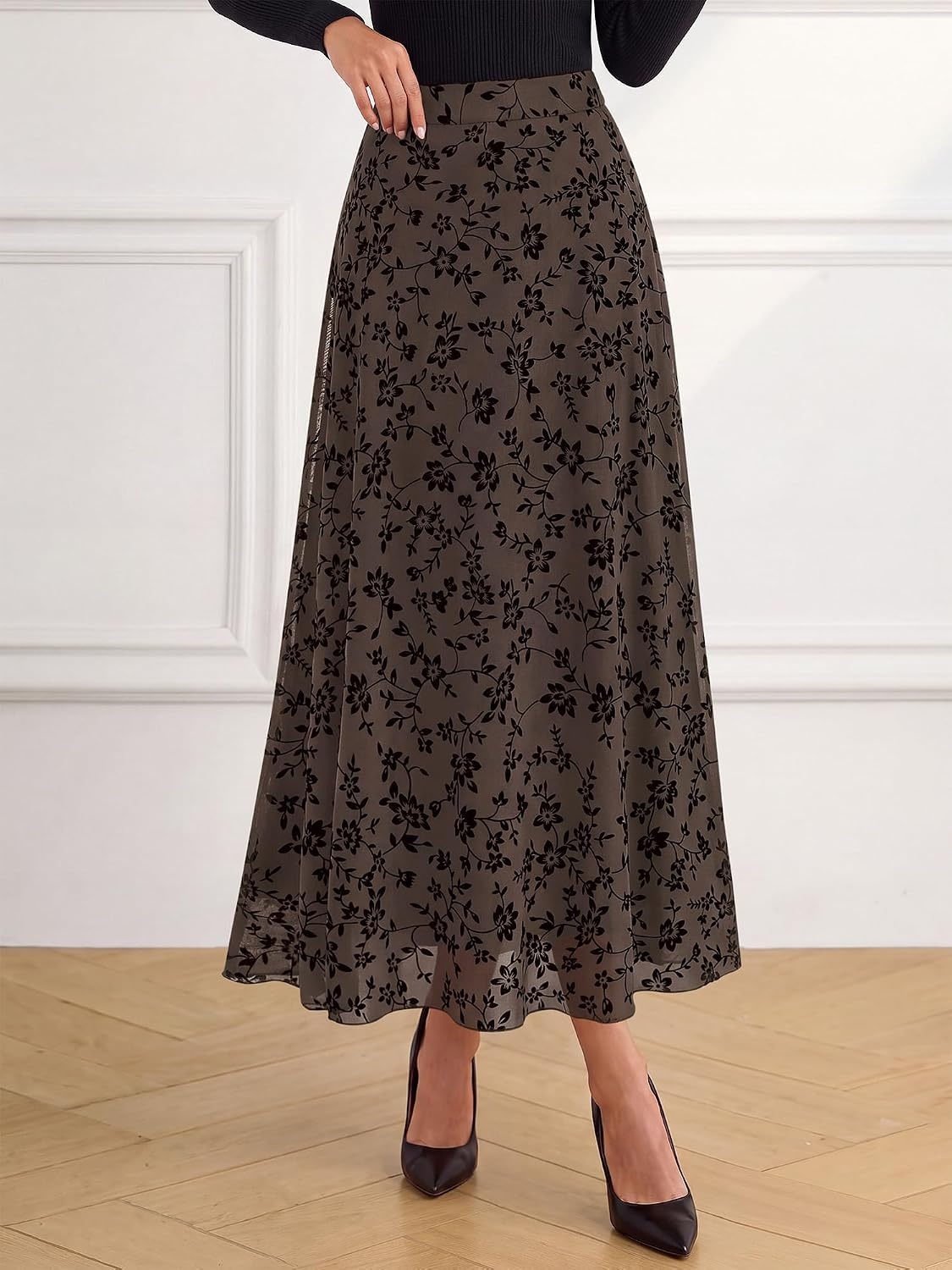 image:imageBTFBM Womens Floral Mesh Maxi Skirts Long Tulle Skirt Flowy A Line High Waist SkirtsVelvetLike FlowersFlocked MeshDoubleLayered SkirtGoing Out OutfitsEarly Fall FashionBrown