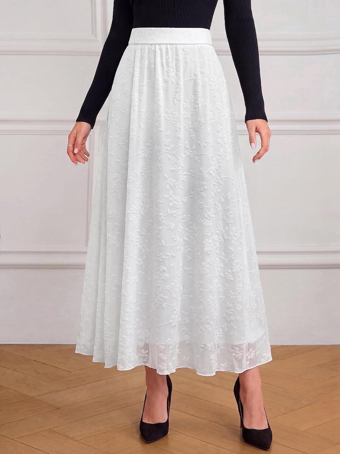 image:imageBTFBM Womens Floral Mesh Maxi Skirts Long Tulle Skirt Flowy A Line High Waist SkirtsVelvetLike FlowersFlocked MeshDoubleLayered SkirtGoing Out OutfitsEarly Fall FashionWhite