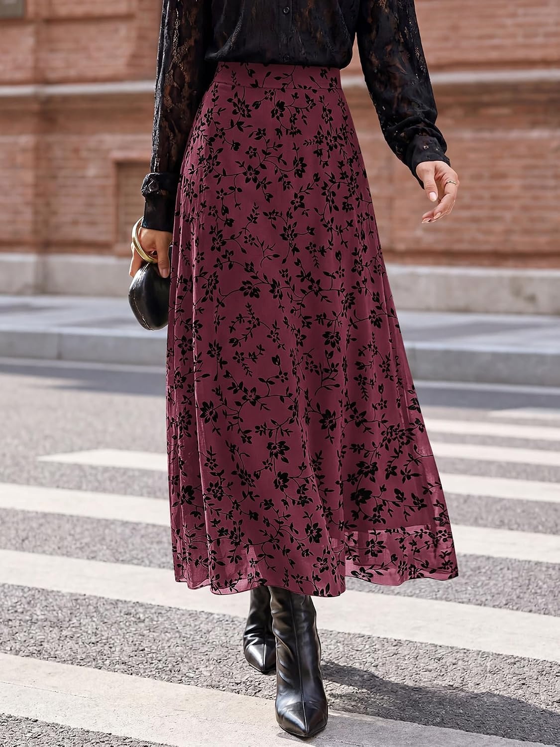 image:imageBTFBM Womens Floral Mesh Maxi Skirts Long Tulle Skirt Flowy A Line High Waist SkirtsVelvetLike FlowersFlocked MeshDoubleLayered SkirtGoing Out OutfitsEarly Fall FashionBurgundy