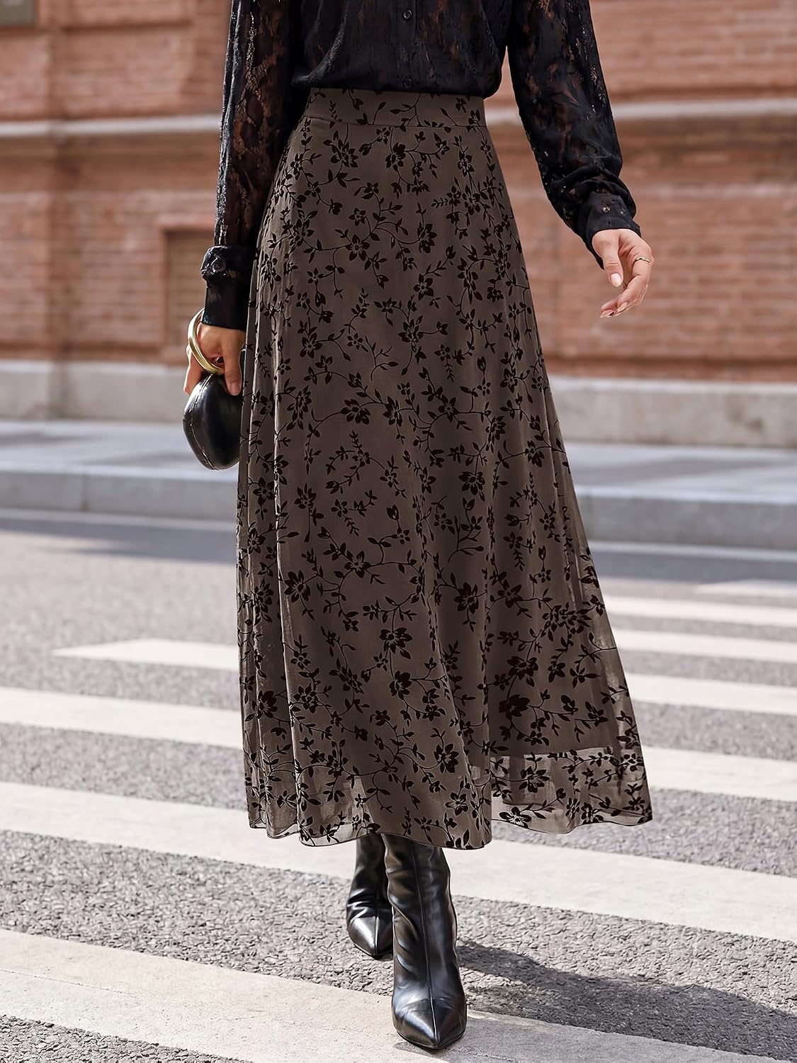 image:imageBTFBM Womens Floral Mesh Maxi Skirts Long Tulle Skirt Flowy A Line High Waist SkirtsVelvetLike FlowersFlocked MeshDoubleLayered SkirtGoing Out OutfitsEarly Fall FashionBrown