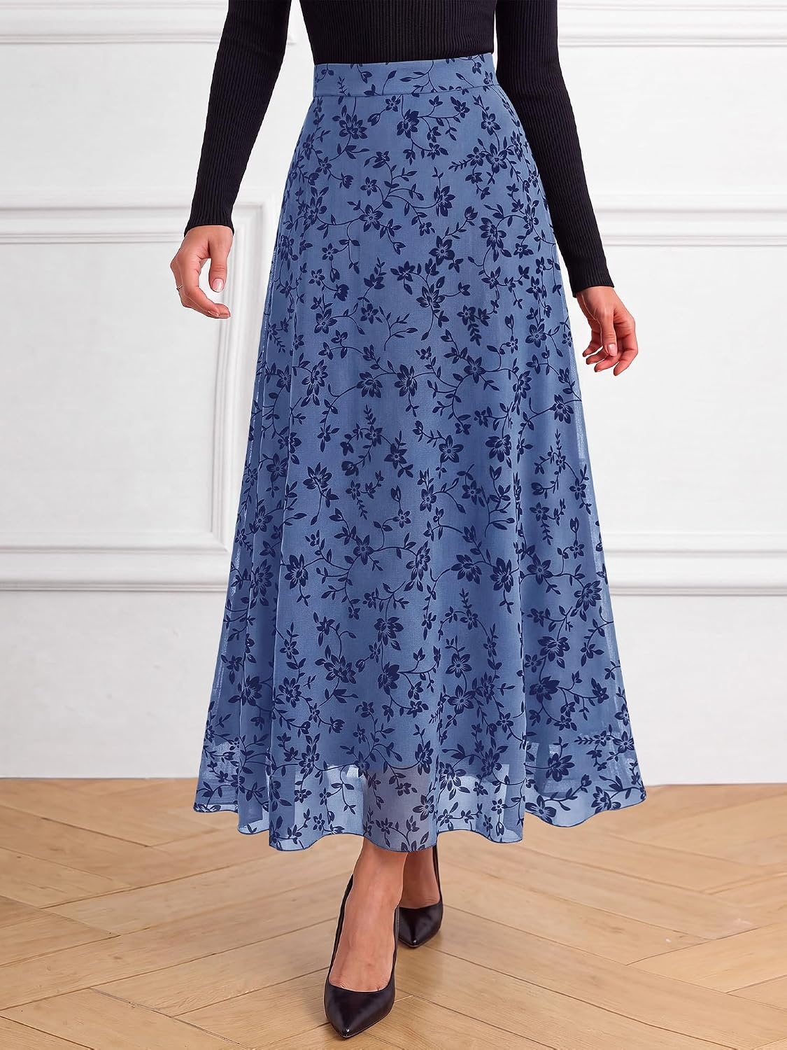 image:imageBTFBM Womens Floral Mesh Maxi Skirts Long Tulle Skirt Flowy A Line High Waist SkirtsVelvetLike FlowersFlocked MeshDoubleLayered SkirtGoing Out OutfitsEarly Fall FashionDusty Blue